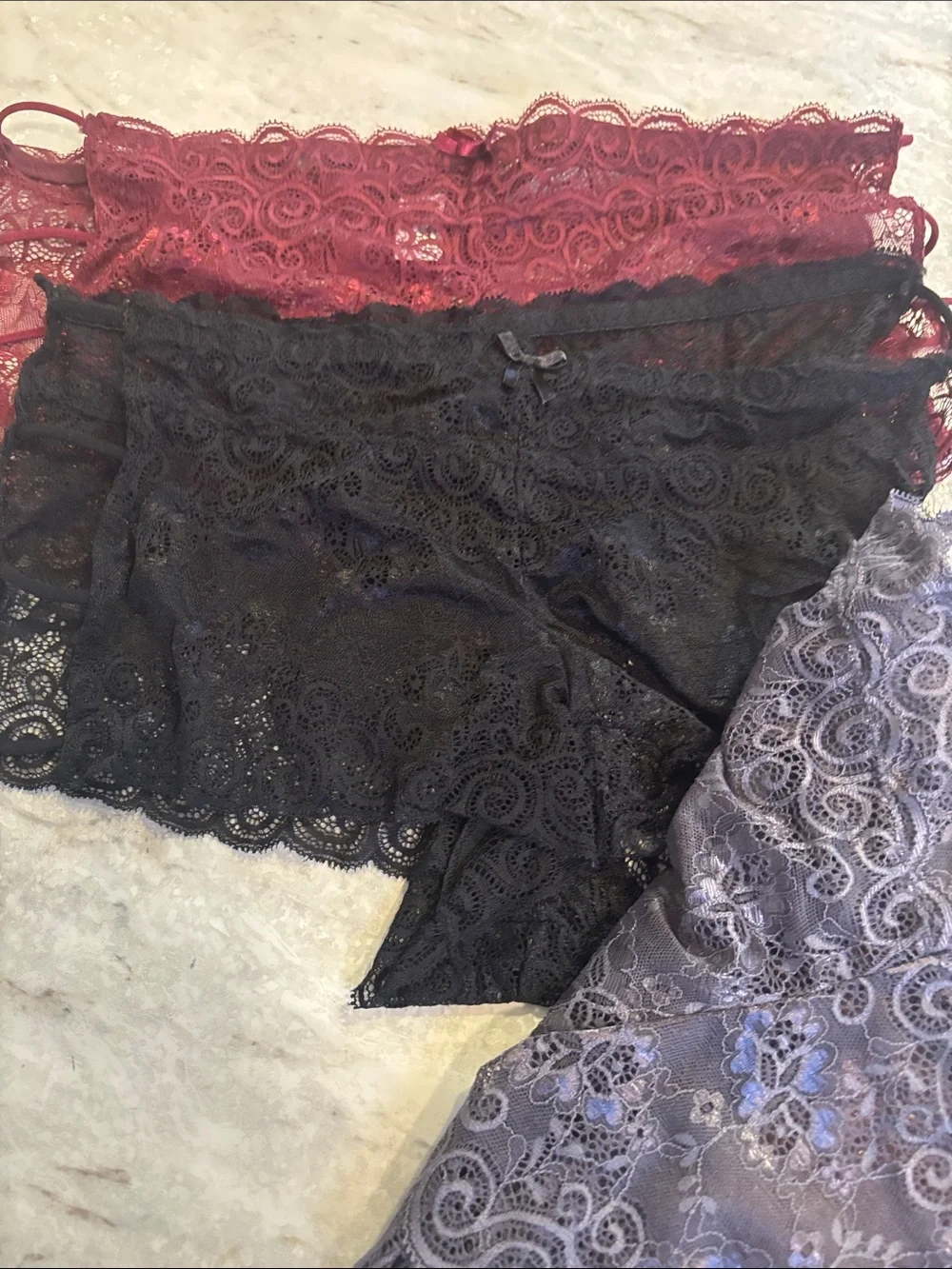 NWT! 5 Pc Kiss Lace Silky Bikini Briefs in Burgundy, Black, Gray & Cream